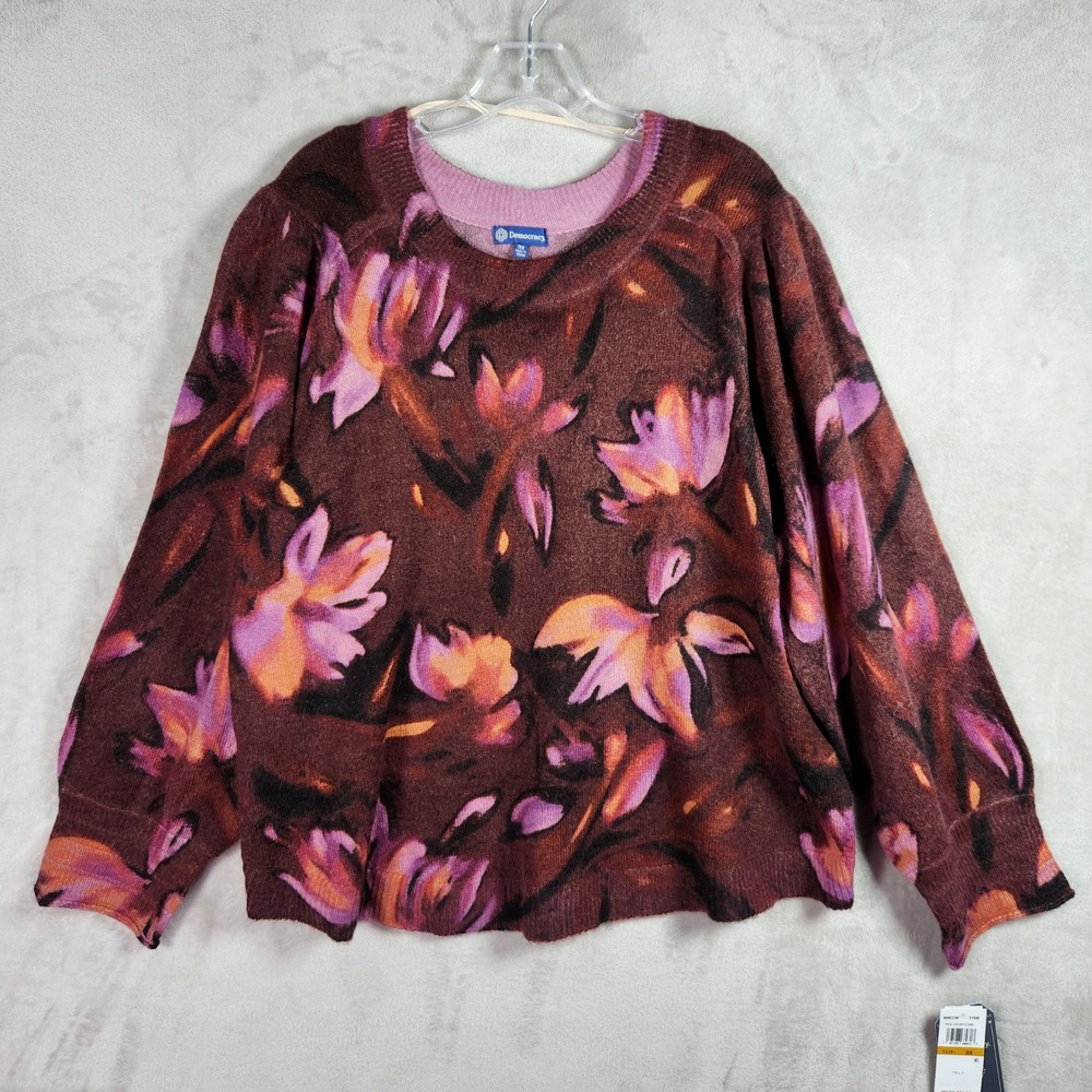 Democracy Sweater Womens 2X Brown Floral Mohair Blend Long Sleeve Boho Comfy NWT